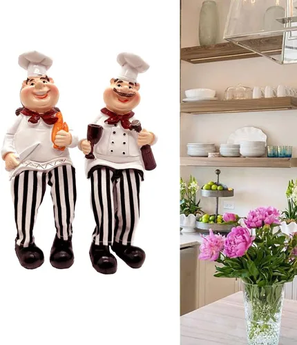 Vista 3 de KiaoTime Juego de 2 figuras de chef para decoración de cocina del hogar, pan y vino con patas colgantes, estatua para estantes de cocina, armario
