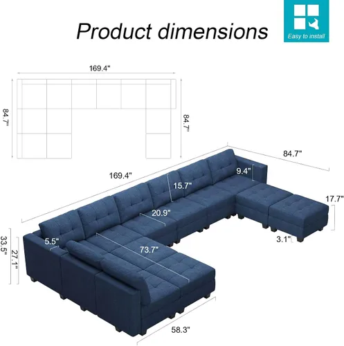 Vista 2 de Belffin Sofá modular modular en forma de U con asientos de almacenamiento, sofá seccional convertible con diván reversible, color azul