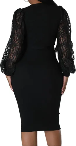 Vista 2 de Vestidos de tubo de encaje para mujer, manga farol, retazos, cuello en V profundo, vestido midi de negocios con cinturón, fiesta de cóctel