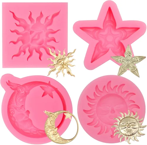 Vista 15 de Juego de moldes de silicona, formas de estrella de sol y luna, rosa, moldes para hornear dulces de chocolate, 5 piezas con temática celestial