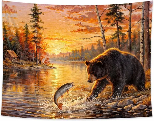 Vista 8 de DYNH Tapiz de pesca de oso negro, para colgar en la pared de cabaña de lago y puesta de sol, paisaje, naturaleza, bosque, tapiz para dormitorio