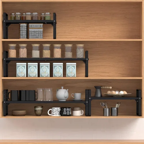 Vista 4 de Organizador de estantes ampliables de metal ajustable para especias, estantes de almacenamiento independientes para armario de cocina, debajo