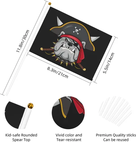 Vista 5 de Bandera de mano de bulldog pirata 5.5x 8 pulgadas, bandera pequeña de palo mini, para interiores y exteriores, decoración para fiestas, paquete de 10