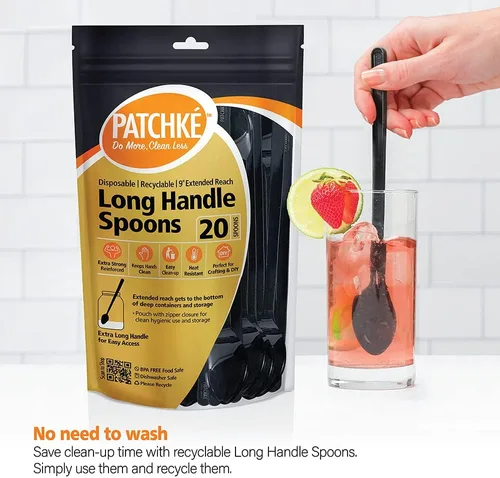 Vista 6 de Cucharas largas de plástico – 9 pulgadas – Cuchara de mango largo resistente para agitar, cucharas de café negro – Espresso, cuchara de té helado