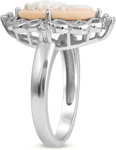Vista 3 de Jewelili Anillo camafeo rosa en plata de ley con zafiro blanco redondo, Metal, Cameo