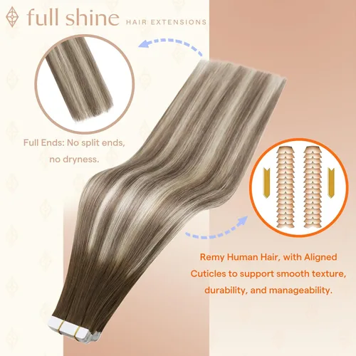 Vista 2 de Full Shine - Extensiones de cabello con cinta, color marrón ceniza # 3 marrón nogal a 8 marrón avellana y 22 rubio ceniza