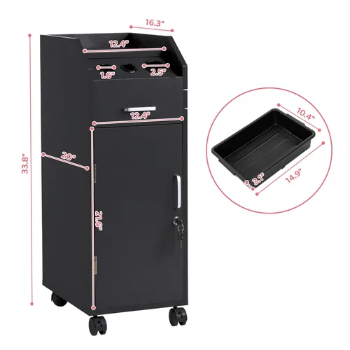 Vista 3 de Winado Carrito de almacenamiento de peluquería con ruedas y 3 soportes para secador de pelo, 4 cajones y cerradura y 2 llaves, estación de Negro
