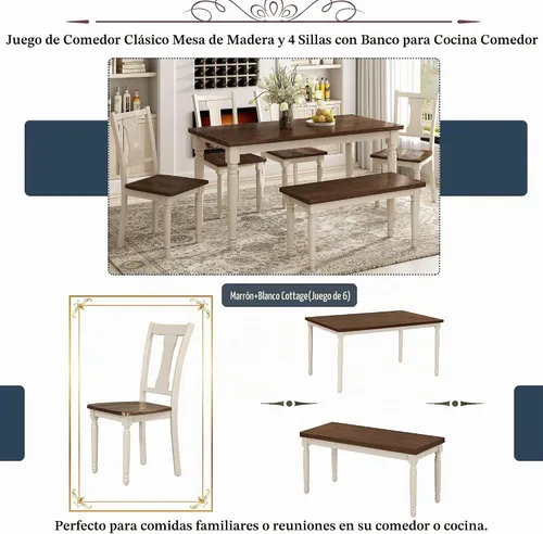 Vista 8 de LUMISOL Juego de mesa de comedor de 6 piezas con banco, juego de mesa de cocina rectangular de granja para comedor, mesa de comedor y juego de 4
