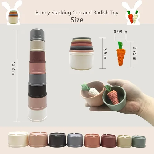 Vista 3 de KYHSOM 8 tazas apilables para conejos – 2 juguetes de conejo de rábano – diferentes tamaños y colores de tazas apilables reutilizables de conejo