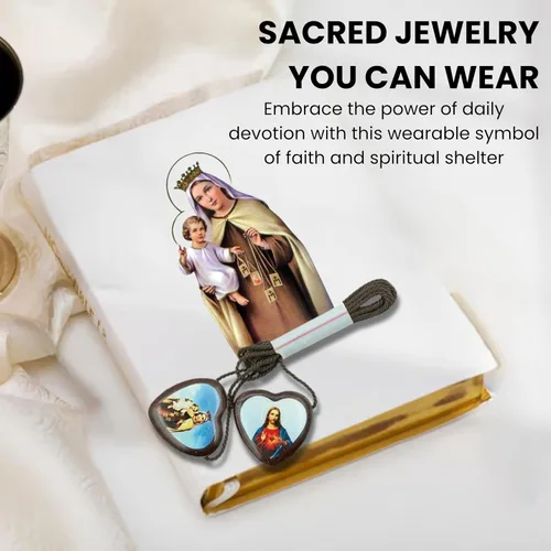 Vista 8 de Catholica Shop Escapularios de madera con cordón marrón con medallas Sagrado Corazón de Jesús y Nuestra Señora del Monte Carmelo. Escapularios