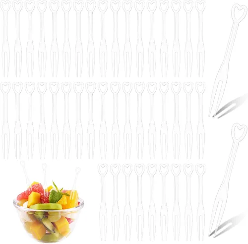 Vista 7 de COMNICO Tenedores de plástico para tartas de frutas, 100 piezas, transparente, en forma de corazón, mini luz, de lujo, tenedor, picas, decoración