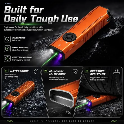 Vista 6 de EDC - Linterna plana recargable, LED blanco UV y luz verde (naranja)