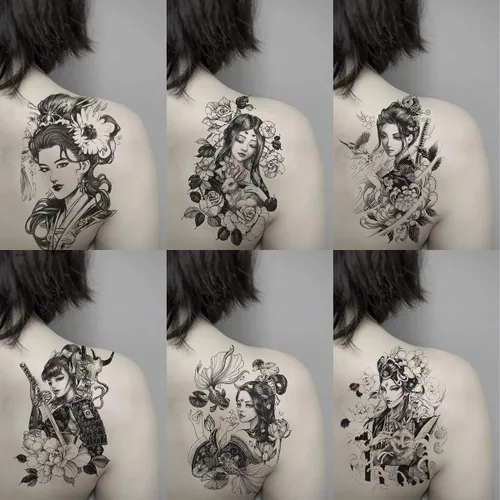 Vista 2 de 6 hojas de tatuajes temporales de geisha japonesas para mujer, color blanco y negro, Samurai Fox Koi, impermeables, tatuajes falsos para mujeres