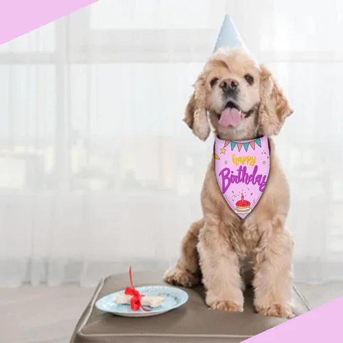 Vista 6 de Pañuelo de feliz cumpleaños para perro, bufanda lavable para mascotas, pañuelo triangular ajustable, impresión de doble cara, rosa, globo de pastel