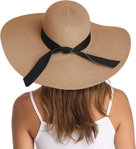 Vista 11 de Lanzom - Sombrero de paja con ala ancha para mujer, plegable, enrollable, de playa, con protección solar UPF 50+ Beige