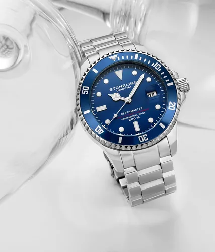 Vista 3 de Stuhrling Original DEPTHMASTER Reloj de buceo profesional automático de acero inoxidable para hombre, 656.2 ft resistente al agua, pulsera cepillada