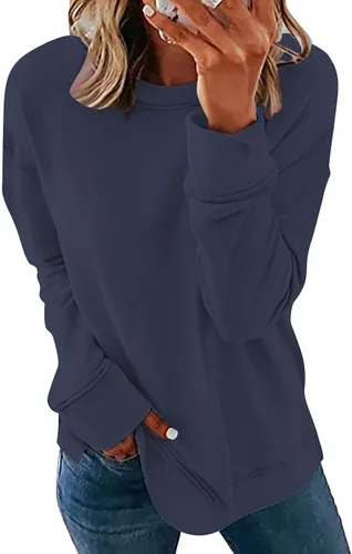Vista 2 de Ceboyel Camisas de manga larga para mujer, color liso, cuello redondo, ajuste holgado, ropa casual de otoño