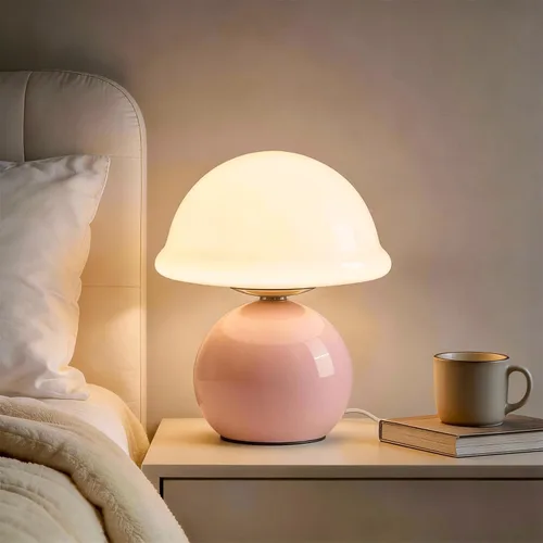 Vista 10 de Lámpara de mesa con forma de hongo para dormitorio, acogedora lámpara de noche con pantalla de cristal, lámpara de mesita de noche regulable