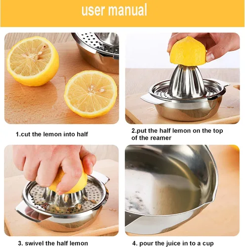 Vista 4 de Exprimidor de limón de acero inoxidable Exprimidor de cítricos Prensa de mano Herramienta de exprimir jugo de naranja con recipiente