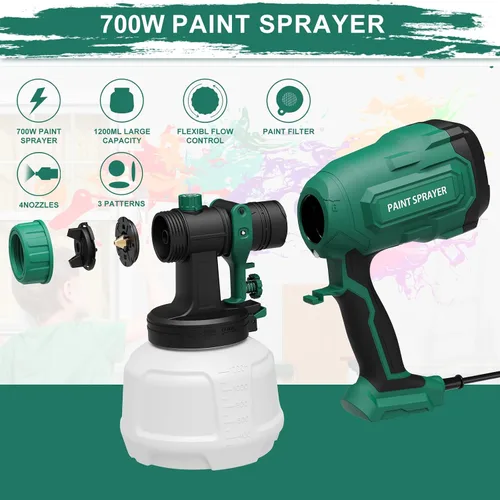 Vista 6 de Pulverizador de pintura, pistola de pulverización HVLP de 700 W con 4 boquillas de latón y 3 patrones, pistola de pintura con ancho de pulverización