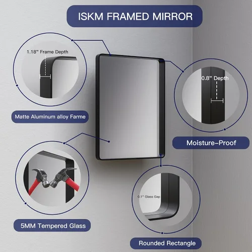 Vista 3 de ISKM Espejo con marco negro para pared de 20 x 16 pulgadas, espejo de tocador de baño antioxidante, vidrio templado, espejo rectangular redondeado