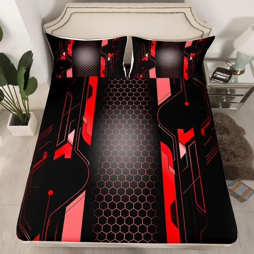 Vista 4 de Manfei Sábana bajera ajustable de panal rojo, tamaño matrimonial, juego de ropa de cama hexagonal geométrica de 3 piezas para decoración de Multi 07