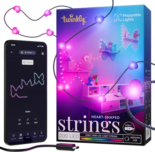 Vista 12 de Twinkly Strings - Cadena de luces en forma de vela USB-C con 100 LED RGB, 20 pies. Cable verde. Controlado por aplicación. Alimentado por USB-C.