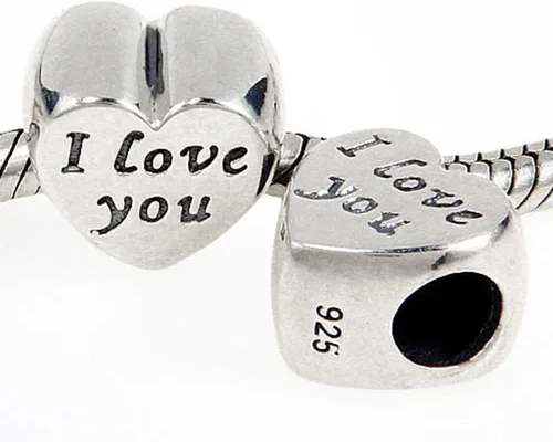 Vista 4 de Abalorio con dije de corazón de plata de ley 925 con texto en inglés "I Love You" para pulsera Pandora, Plata esterlina, plata de ley