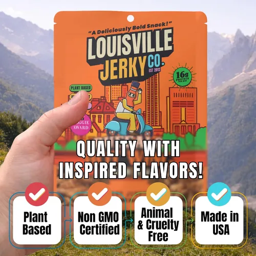 Vista 3 de Louisville Vegan Jerky - Buffalo Hot Wing Carne vegana y vegetariana - Cecina para morder los labios - Snacks veganos altos en proteínas sin gluten