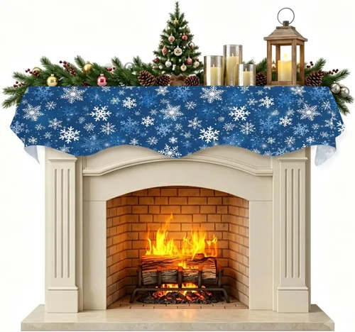 Vista 8 de Daleng Bufanda de repisa de camión de Navidad con muñeco de nieve para chimenea, 60 x 17 pulgadas, árbol de Navidad, copos de nieve, ciervos, verde