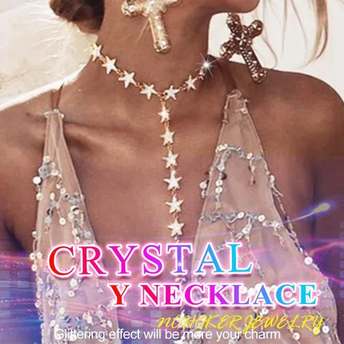 Vista 7 de Nicute Collar con diamantes de imitación en Y, collar largo de estrella, gargantilla de cristal brillante, cadena para mujer