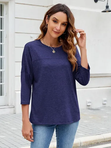 Vista 132 de ZENNILO Camisetas casuales de manga 3/4 para mujer, holgadas, cuello redondo, lindas camisetas básicas