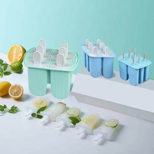 Vista 8 de Moldes de silicona para paletas con palillos, 6 cavidades, molde para helado con cepillo limpio, 6 palitos reutilizables, 50 palitos, 50 bolsas Azul