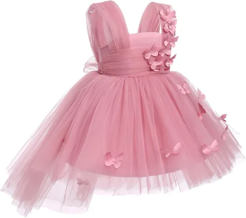 Vista 6 de Vestido tutú de tul para niña pequeña, vestido de mariposa y flores para niña, trajes formales de cumpleaños, vestidos de pastel