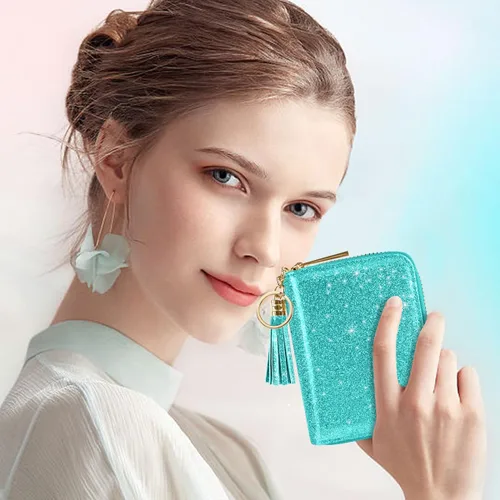 Vista 8 de Coco Rossi Tarjetero de crédito para mujer, cartera pequeña, funda RFID Un brillo azul y verde