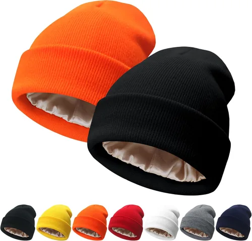 Vista 12 de NPQQUAN 2 PCS Satin Lined Beanie for Women Silk Lined Beanies Winter Warm Soft Lining Cuffed Knit Beanie Hats for Women