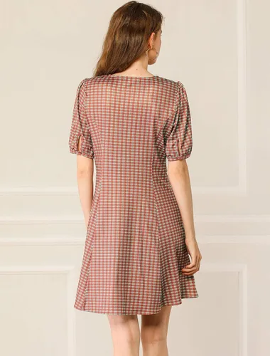 Vista 5 de Allegra K Mini vestido de mujer con mangas de linterna con cuello en V y botón de decoración en una línea