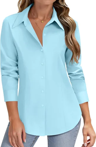 Vista 9 de HOTOUCH Camisas de manga larga con botones para mujer, camisas de vestir con protección contra manchas, ajuste delgado, blusas de trabajo, oficina