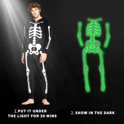 Vista 3 de Disfraces familiares a juego que brillan en la oscuridad para Halloween mono de una pieza con capucha y diseño de esqueleto para adultos y niños
