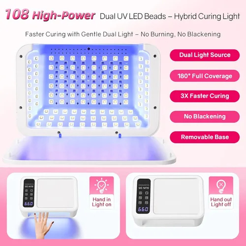 Vista 3 de Luz UV para uñas de gel, lámpara de uñas LED UV de 120 W con 140 cuentas, secador de uñas profesional de secado rápido, diseño de dos manos, cuidado