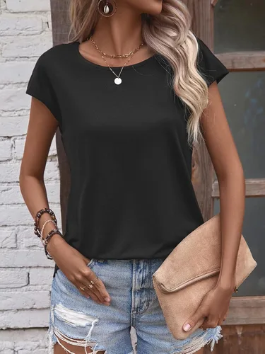 Vista 4 de Verdusa Camiseta de manga corta con cuello redondo y dobladillo dividido para mujer