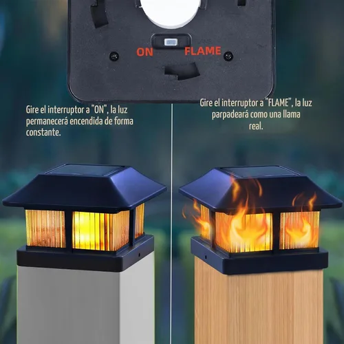 Vista 6 de Dynaming - Luces solares con tapa de llama para postes, luces solares para postes de cerca, linternas LED de llama parpadeante impermeables