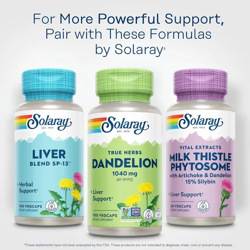 Vista 6 de SOLARAY Suplemento de raíz de diente de león, soporte saludable para los riñones y el hígado, 1,040 mg por porción, vegano, verificado por