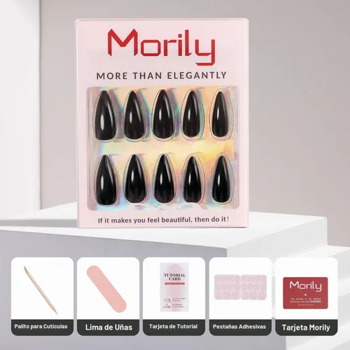 Vista 4 de morily 24 uñas postizas negras a presión, uñas postizas de aguja de longitud media, uñas postizas de almendra, uñas postizas largas acrílicas Negro