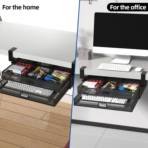 Vista 4 de Organizador de cajones para debajo del escritorio, de metal, sin taladro, contenedor de almacenamiento para debajo del escritorio, 2 cajones