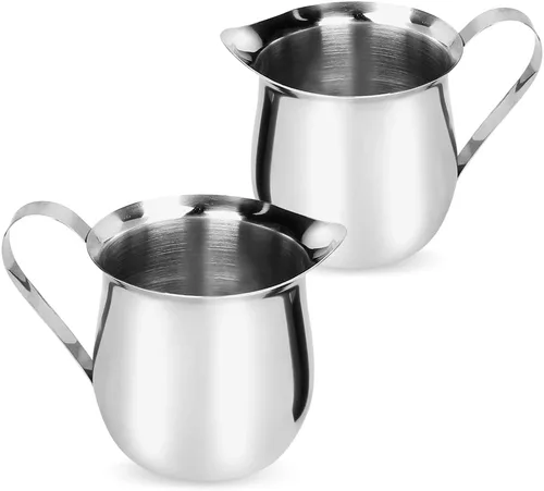 Vista 8 de Rolin Roly Jarra de espuma de leche de 4.5 onzas de acero inoxidable, pequeña jarra de café en forma de campana para barista, capuchino, tazas