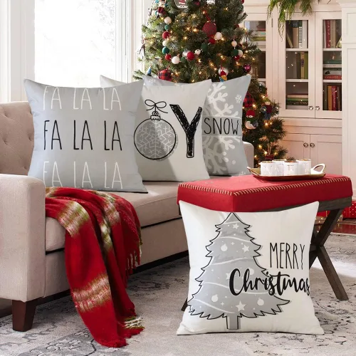 Vista 4 de OTOSTAR Juego de 4 fundas de almohada de Navidad de 45.7 x 45.7 cm, decoración navideña de granja, fundas de almohada de Navidad Joy Xmas Tree Let