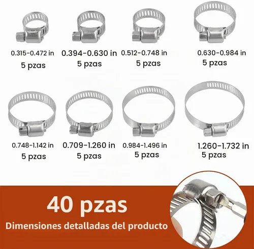 Vista 4 de UD - Abrazadera de manguera de acero inoxidable, 40 abrazaderas de manguera de engranaje helicoidal ajustable, rango de 0.315-1.732 in, kit