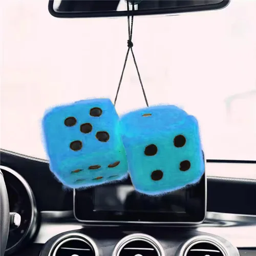 Vista 13 de Par de dados cuadrados retro de felpa mullidos de 3 pulgadas con puntos, decoración para colgar en el espejo del automóvil, adorno para espejo