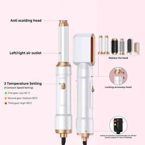Vista 9 de Cepillo secador de cabello mágico Air Styler 6 en 1, cepillo secador iónico negativo y 3 configuraciones de calor, rizado automático desmontable